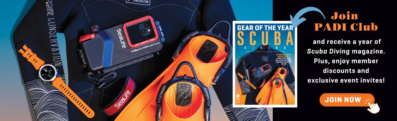 join padi club image of scuba gear and the cover of scuba diving magazine